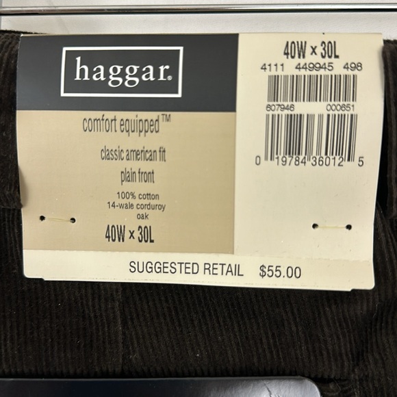 Haggar “Comfort Fit Waist” Oak Brown Flat Front Corduroy Pants 40W x 30L - Picture 4 of 10